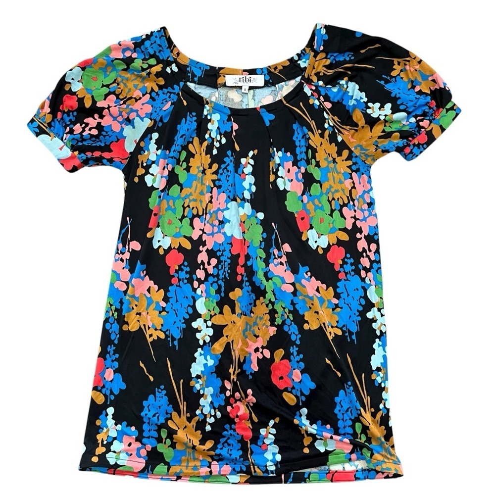 Tibi Silk Abstract Floral Art Puff Sleeve Top Size S Black Green Pink Blue